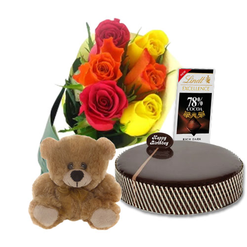 Chocolate Mud Cake with Mix Roses & Lindt Dark Cocoa Chocolate & 6 inch Teddy