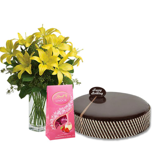 Chocolate Mud Cake with Yellow Lilies & Lindt Strawberry Chocolates