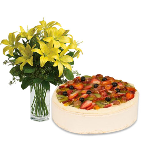 Fruit Cake with Yellow Lilies