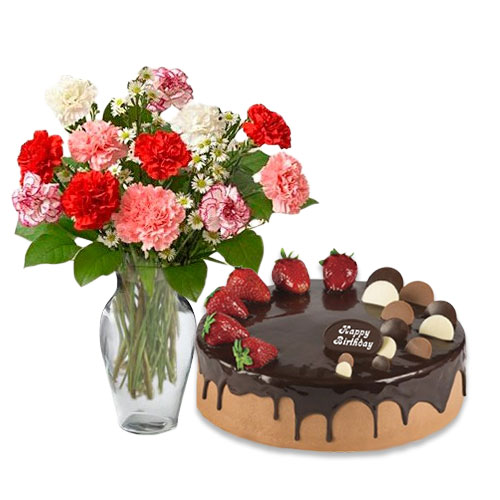 Mix Color Carnations with Choco Strawberry cake