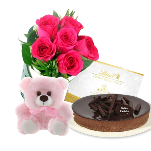Pink Roses with chocolate cheesecake & Lindt Festive Collection & 6 inch Teddy