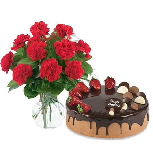 Red Carnations with Choco Strawberry Cake