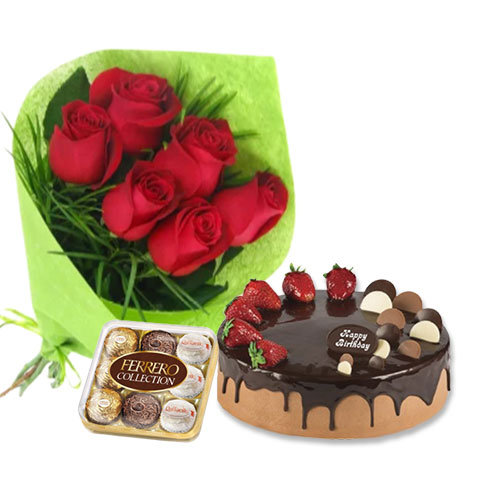 Red Roses with Choco Strawberry Cake & Ferrero Rocher