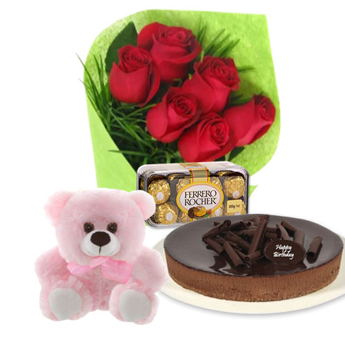 Red roses with chocolate cheesecake & Ferrero Rocher & 6 inch Teddy
