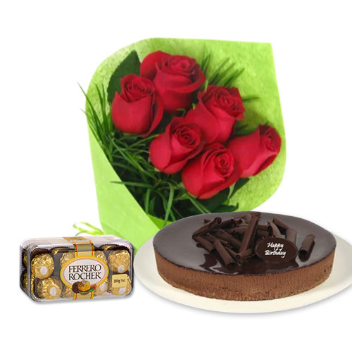 Red roses with chocolate cheesecake & Ferrero Rocher